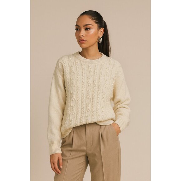 vintage 80s ACRYLIC CREWNECK PEARL SWEATER cable knit long sleeve ivory XL - Picture 1 of 7